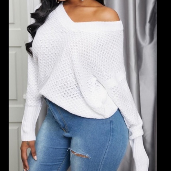 Unique Waffle Pattern Deep V Neck Soft Wool Long Sleeve White Shirt/Sweater - Picture 3 of 9